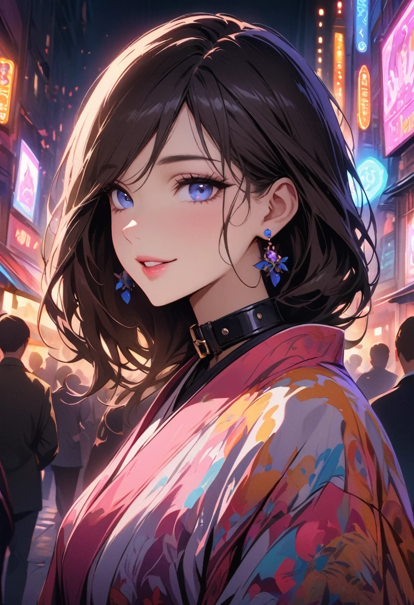 masterpiece, Ultra-high-definition CG, Highest quality, Perfect photo, Neon Town,kimono,Beautiful details in the eyes,Beautiful Lips,Earrings,collar,Bob,blue eyes,smile,looking happily at the audience,Thirty Road