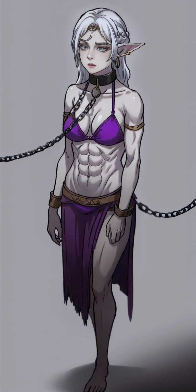 Appearance
Gender: Female
Age: Mature
Race: Drow (elf with dark skin and white hair)
Height: Full-body
Skin: Gray
Background: Plain Gray
Eyes: Purple
Attire: Bikini, revealing abdominal muscles
Accessories: Large earrings, ragged rags, chain necklace, leather collar choker neck bell 🔔 