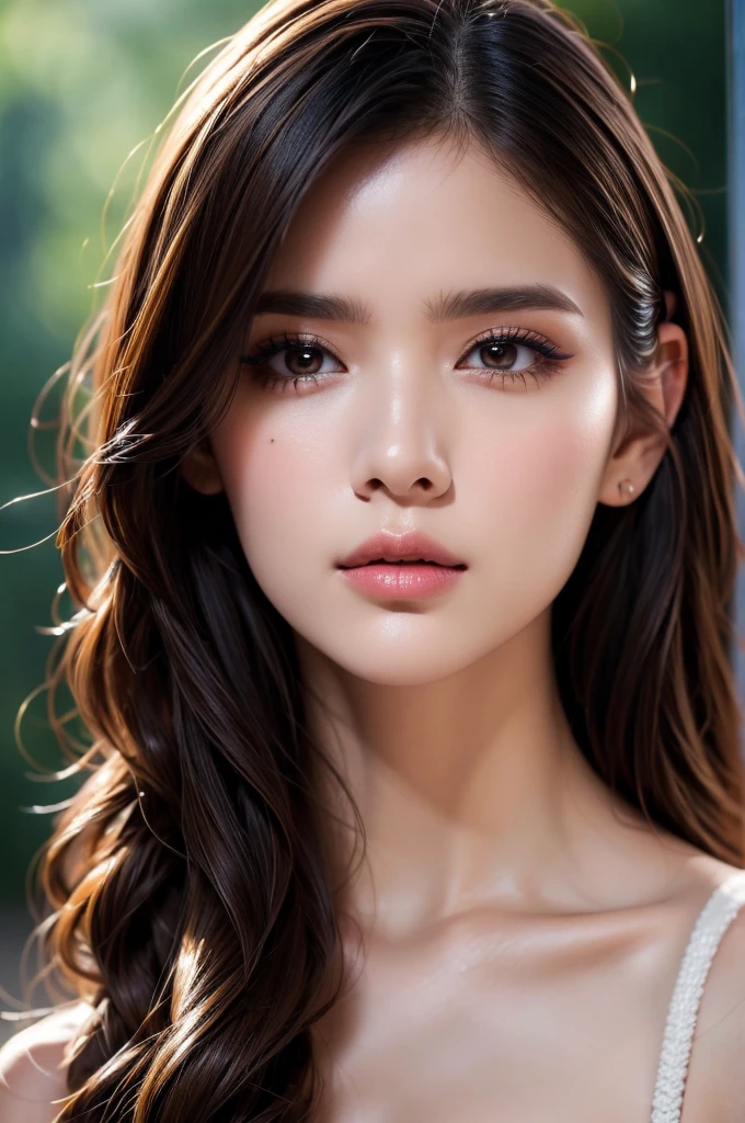 photorealistic Realism 8K, 16K, Quality: (incredibly absurd quality, extremely details, Ultra resolution, clear sharp focus, not blurry, Realistic brown_eyes), ((perfect dark_eyeshadows:1.45)), (super Detailed, beautiful little nose:1.2), (perfect composition), (upper body shot), (close up of her face), beautiful cheekbones, double eyelids, dslr, best high quality soft lighting, sharp focus captured by Fujifilm XT3, f 5.6, in a dramatic lighting, ((perfect composition)), ((pale skin)), ((dry skin)),