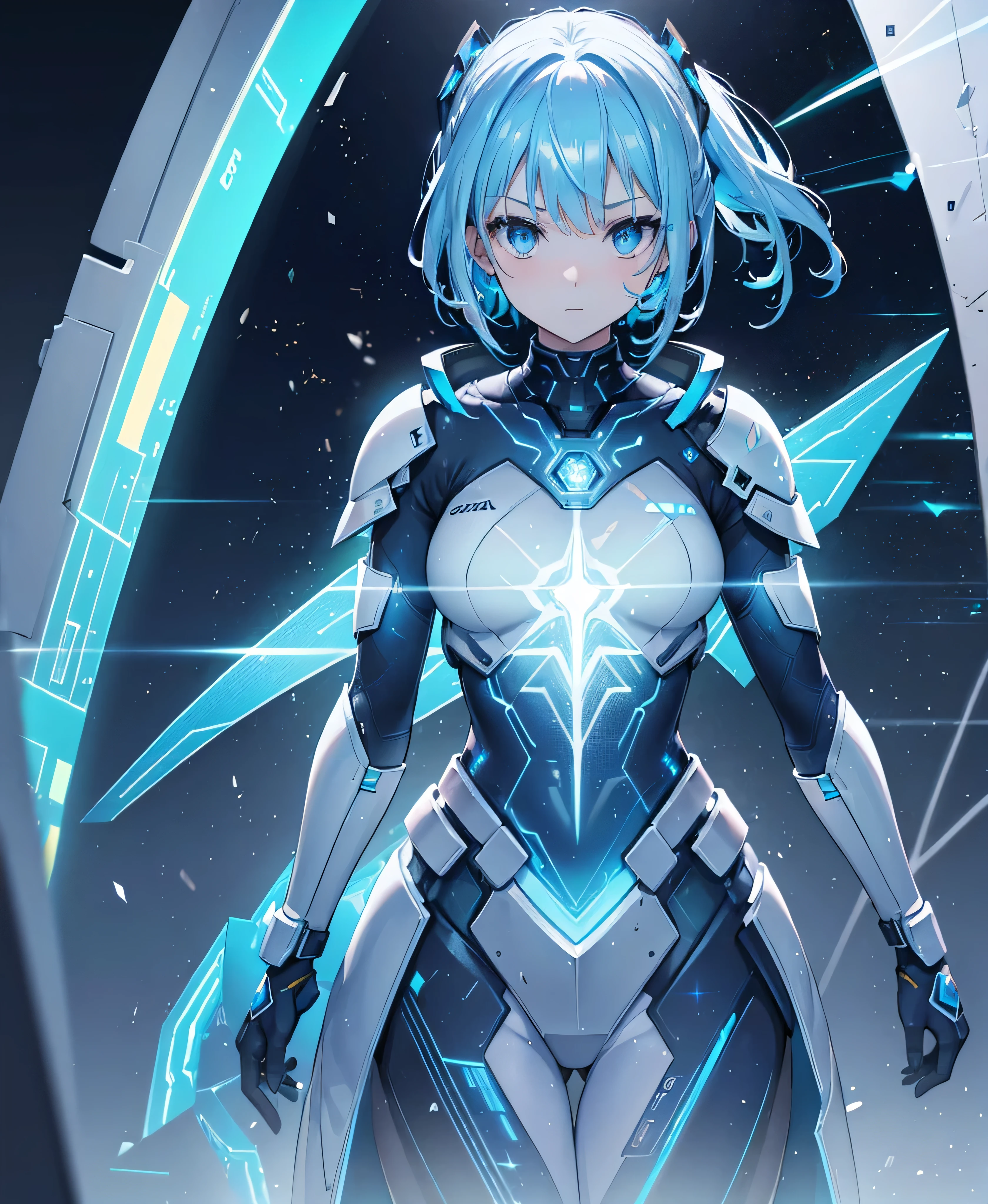 ((Holographic glow effect)),8k, Highest quality, (real:1.4), Original photo, 1 girl, Asari Hair, Biological Amplifier, refined armor, posture: Peace talks between warring factions, smart blue eyes,whole body