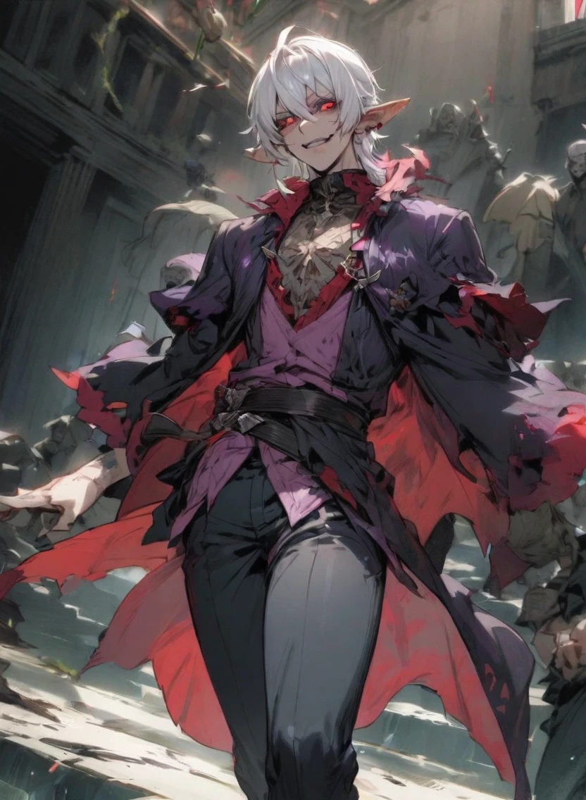 young man, (((male))), (((man))), (((one person))), single, solo, (((white colored hair))), (((red colored eyes))), ((blood red colored eyes)), (medium short hair), (((grey colored skin))), wavy hair, slim figure, ((flat chest)), ((wearing fantasy clothes)), fantasy style, (((wearing flowers in his hair))), ((flowers in hair)), ((pointy ears)), ((spiderlily flowers)), (sunny weather), smiling, black colored flowers, dark red colored flowers, thorns, spikes, warm light, gold colored details, (undead), (happy), (cute face), black colored blood, black blood, black ink, holding a pocketwatch on a chain