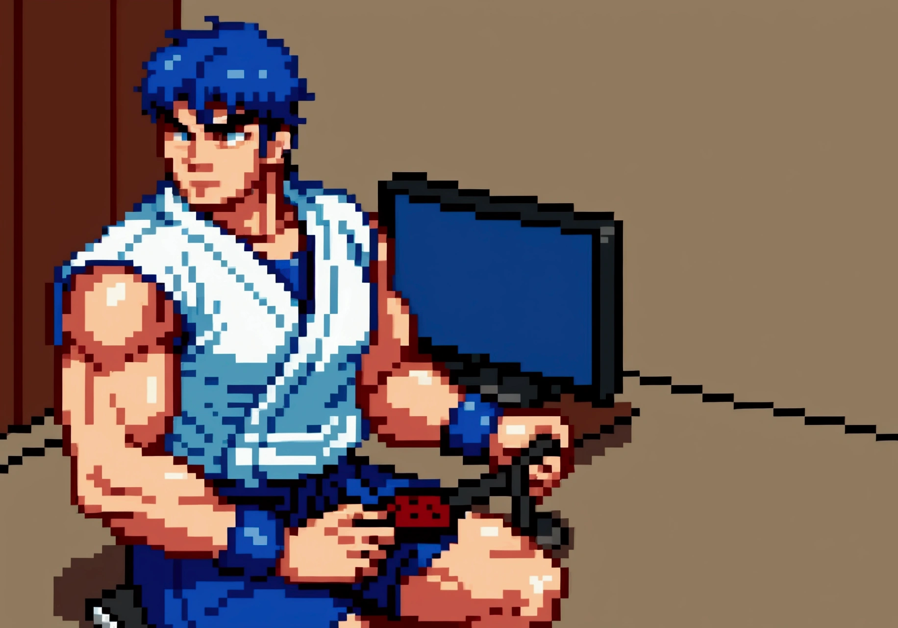 Ryu do street fighter, Ken do street fighter, playing video game, sitting on the floor of a gym, looking at TV, with controls in hand