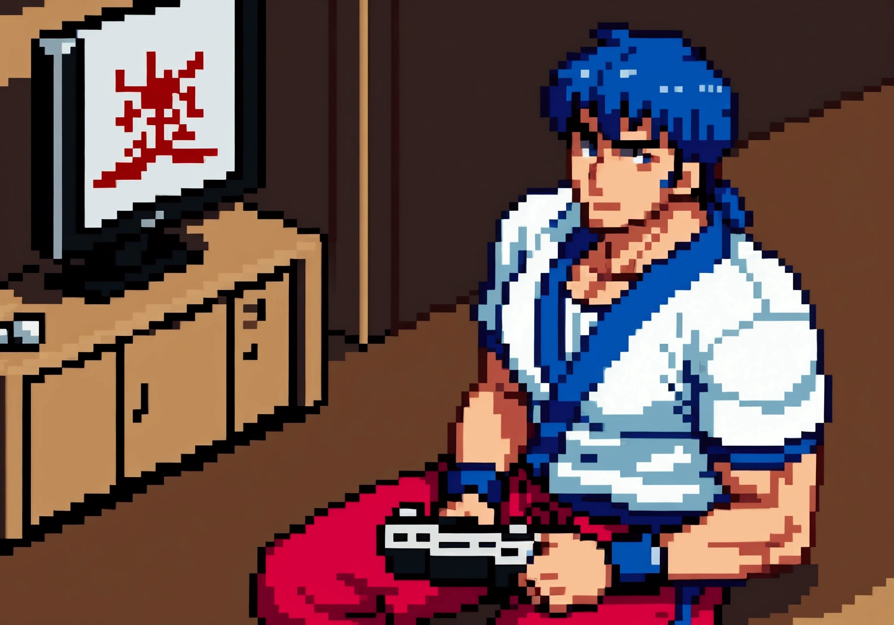 Ryu do street fighter, Ken do street fighter, playing video game, sitting on the floor of a gym, looking at TV, with controls in hand