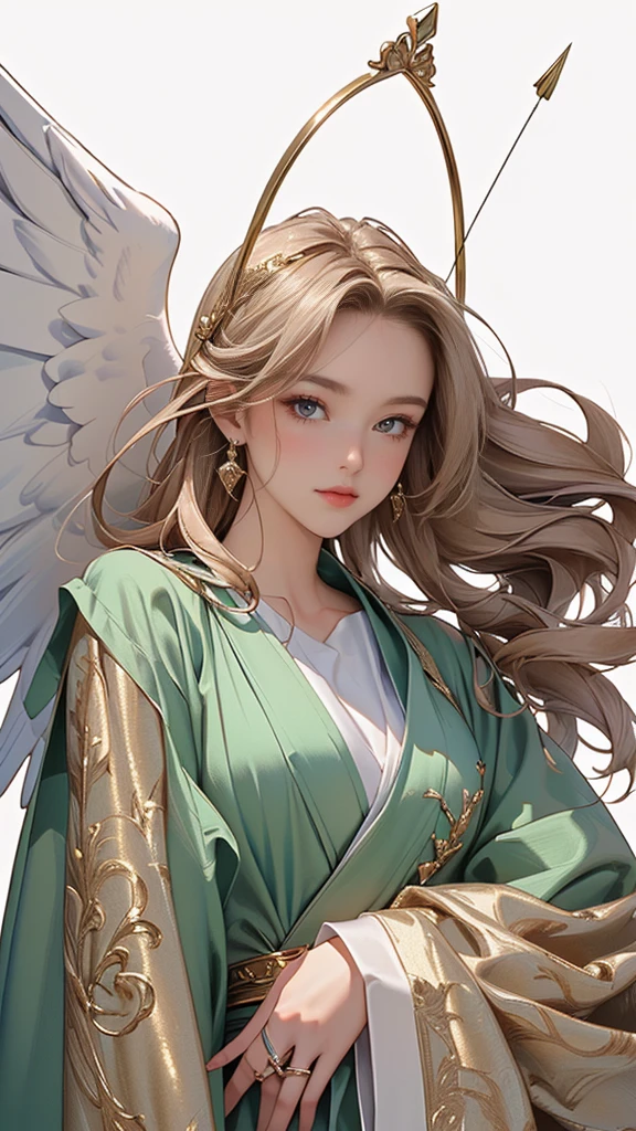 ((masterpiece, Highest quality, High resolution)), ((Highly detailed CG integrated 8K wallpaper)), Cupid with a bow, Arrow with heart-shaped tip, Target your audience, whole body, A thin, flowing robe that wraps around the body, Angel Wings, Angel Ring, A scene from Greek mythology,