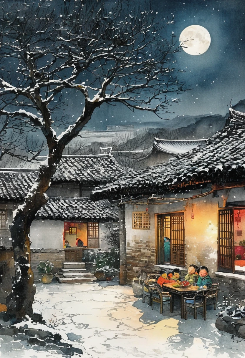 Ink Painting：China 70s，winter，heavy snow，moonlight，Village courtyard，Warm home，patio，chimney，Tree，Happy little ones