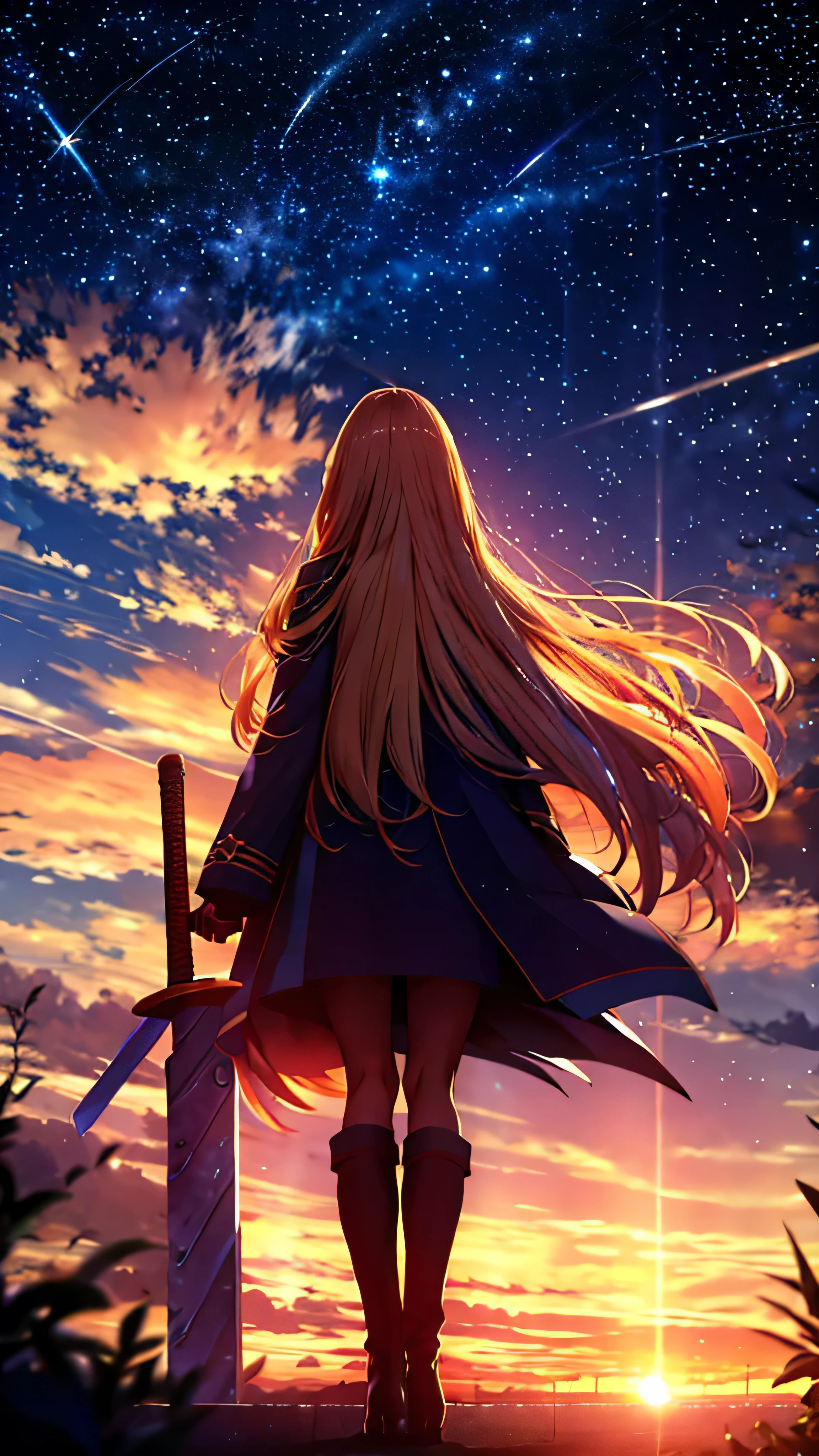 Starry Sky,1people々, Blonde long hair,Long coat,sword,silhouette, Rear View,Space Sky, Anime Style,