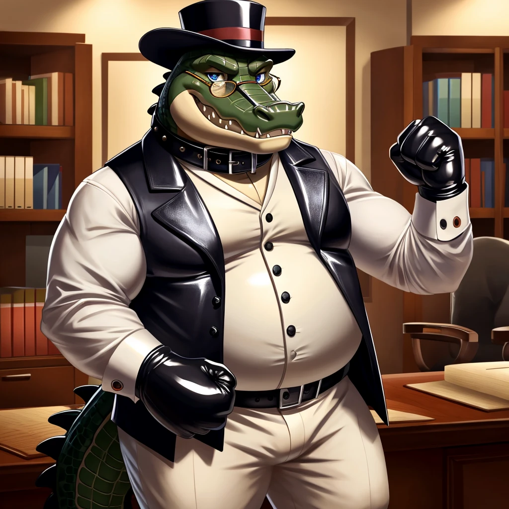 Solo, Male, fat, extremely obese, gentleman, dapper Professor Crocodile, blue eyes, (posing:1.3), (soft shading), 4k, hi res, ((detailed face, detailed)), looking at viewer, mouth wide open, steampunk, dapper clothing, collared shirt with buttons, top hat, male focus, Explorer Outfit, glasses, monocle, vest with buttons, sleeves rolled up, round eyewear, brown headwear, brown vest, office, Crocodile is wearing a glossy leather dog collar around the neck, Crocodile is wearing the leather collar and shirt and vest at the same time, Crocodile is wearing glossy white rubber gloves on the hands, wearing white rubber gloves on the feet, gloves are rubber in texture, clenching teeth, clenching fists, leather collar is glossy and shiny with a lot of detail, Crocodile is wearing gloves and leather collar at the same time, leather collar has a round dog-tag, leather collar is thick and detailed, leather collar is glossy and shiny, fancy clothing, dapper vest, dapper shirt, leather collar is thick, glossy leather collar.