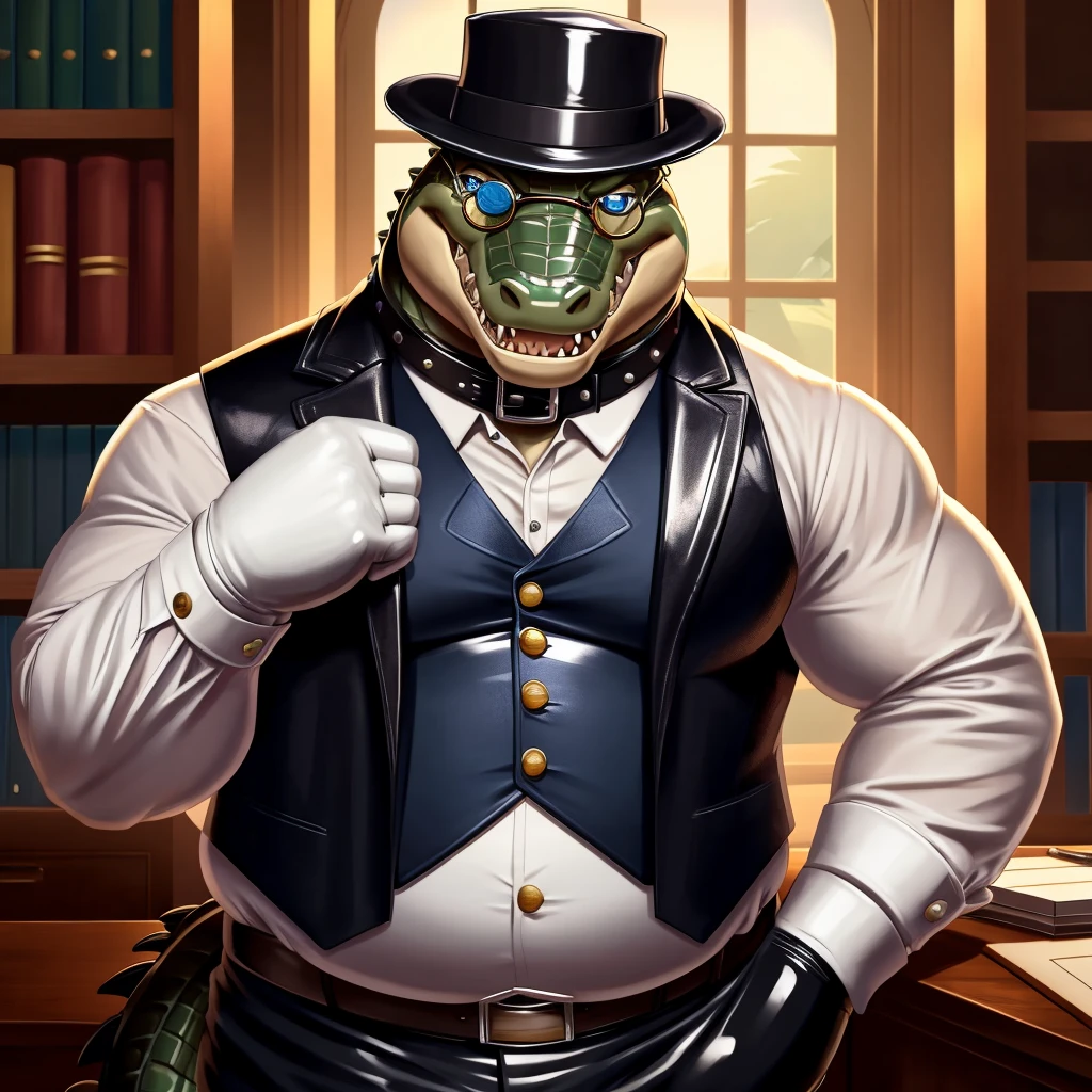 Solo, Male, fat, extremely obese, gentleman, dapper Professor Crocodile, mob boss, blue eyes, (posing:1.3), (soft shading), 4k, hi res, ((detailed face, detailed)), looking at viewer, mouth wide open, dapper clothing, collared shirt with buttons, bowler hat, male focus, Explorer Outfit, glasses, monocle, vest with buttons, sleeves rolled up, round eyewear, brown headwear, brown vest, office, Crocodile is wearing a glossy leather dog collar around the neck, Crocodile is wearing the leather collar and shirt and vest at the same time, Crocodile is wearing glossy white rubber gloves on the hands, wearing white rubber gloves on the feet, gloves are rubber in texture, clenching teeth, clenching fists, leather collar is glossy and shiny with a lot of detail, Crocodile is wearing gloves and leather collar at the same time, leather collar has a round dog-tag, leather collar is thick and detailed, leather collar is glossy and shiny, fancy clothing, dapper vest, dapper shirt, leather collar is thick, glossy leather collar.