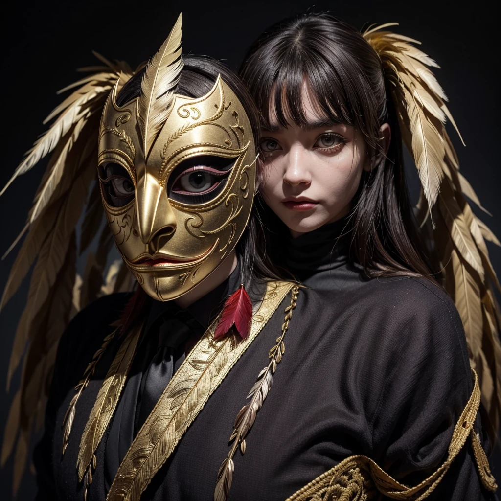 Wearing a mask with a pointed beak, handmade, so well sewn that you can see the ties made in gold, linseed cloth and feathers penetrate its extremities, large eyes with dark lenses with the tone of the night and at the same time red as wine... Such a scary mask, that gives you chills all over