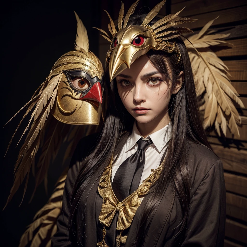 Wearing a mask with a pointed beak, handmade, so well sewn that you can see the ties made in gold, linseed cloth and feathers penetrate its extremities, large eyes with dark lenses with the tone of the night and at the same time red as wine... Such a scary mask, that gives you chills all over