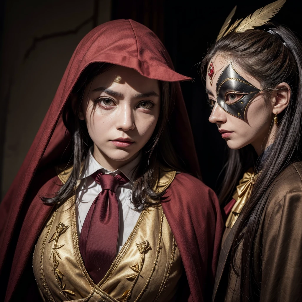 Wearing a mask with a pointed beak, handmade, so well sewn that you can see the ties made in gold, linseed cloth and feathers penetrate its extremities, large eyes with dark lenses with the tone of the night and at the same time red as wine... Such a scary mask, that gives you chills all over