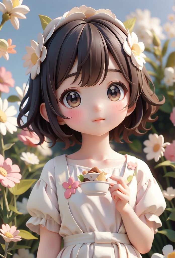 One girl、short hair、Eating cookies in a flower field、Wearing a flower crown on her head