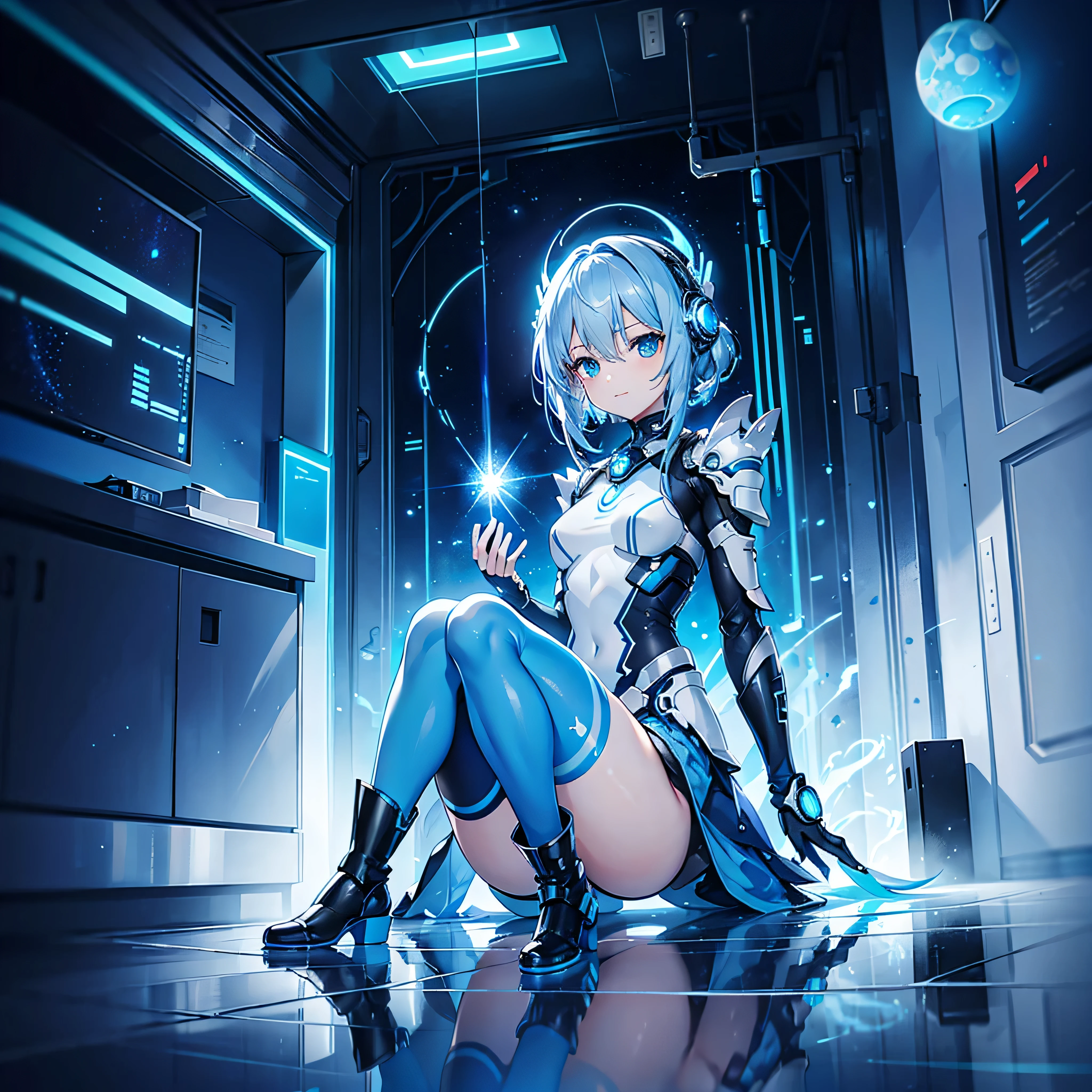 8k, Highest quality, (real:1.4), Original photo, 1 girl, Asari Hair, Biological Amplifier, Very sleek and futuristic armor, posture: Peace talks between warring factions,,attention arousal, smart blue eyes,A modest smile,Knee-high boots,Patent-look blue tights,Blue big moon and blue light swirl in the background,Blue light from behind,blue light magic,A small, glowing blue ball in the palm of your hand,Blue flame swirl,Blue Comet,Polished floor,