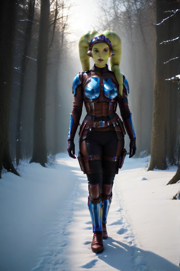 a ((fall body)) (((hera syndulla))) ((green skin )) ((female twi'lek ))mandalorian,walking on snow, ((green fire eyes )) , beautiful detailed eyes, beautiful detailed lips, extremely detailed face, long eyelashes, mandalorian armor, sci-fi, cinematic lighting, dramatic, epic, intricate details, hyper-realistic, 8k, high-quality, photorealistic
