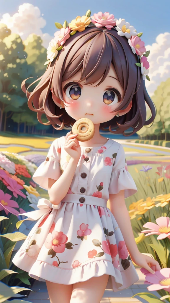 One girl、short hair、Eating cookies in a flower field、Wearing a flower crown on her head
