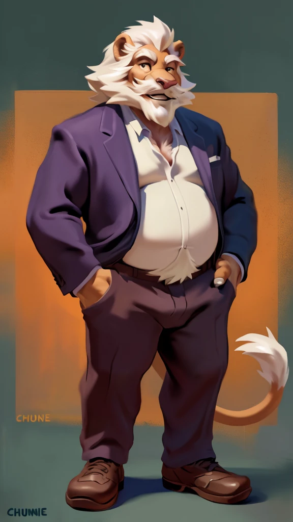 by chunie by catsudon by retros, male,ridiculuous,((mature,mature male)),((Bearded,mustache)),dad bod, felid, solo, Lion,(white hair), facial hair, facing viewer,((full body shot)), (((Grandpa Figure))), ((smilling)), red and orange spiral background, white shirt, smile, ((((wise)))),