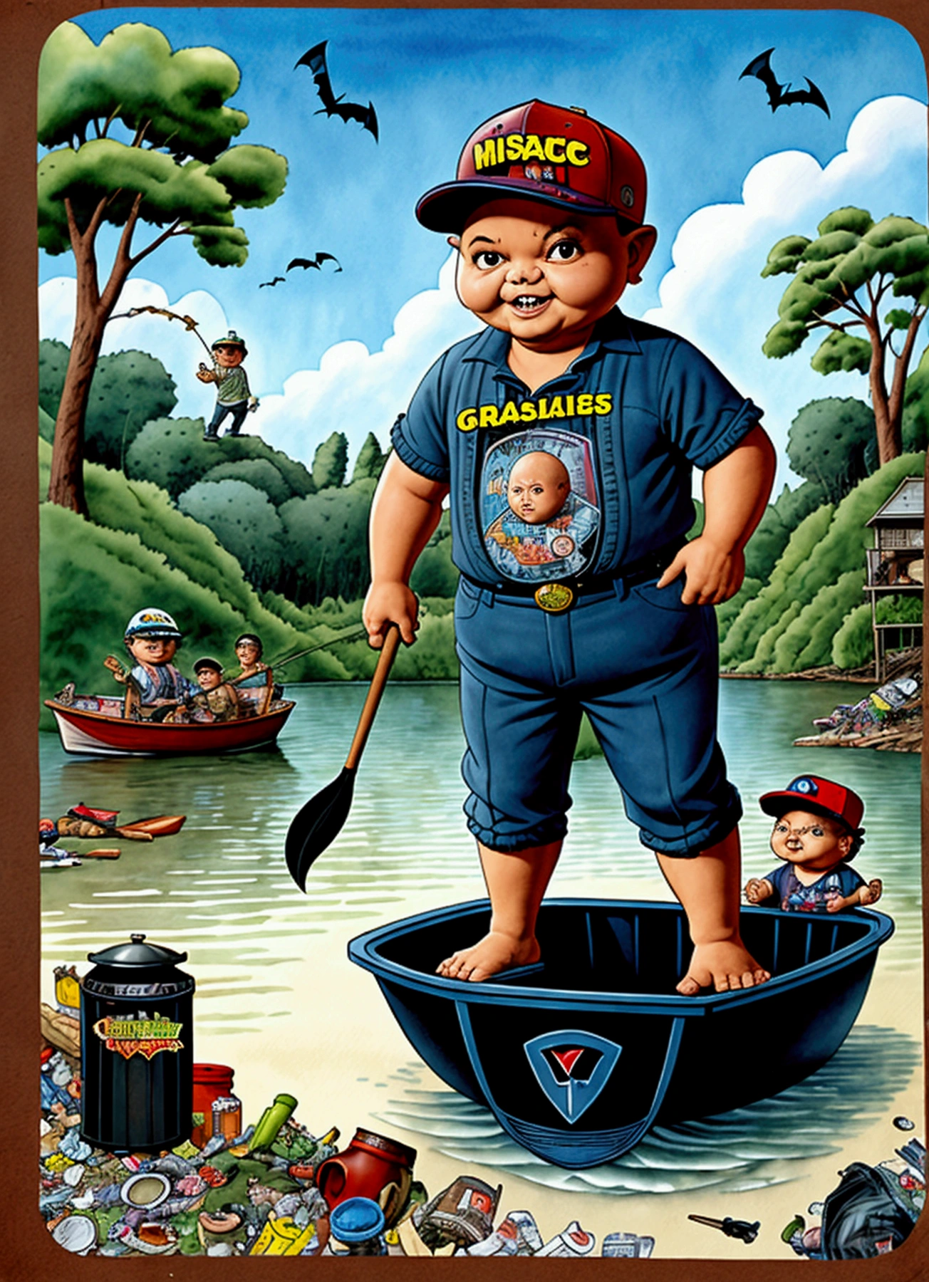 Frank the fisherman catching a big fish , bat in left hand, ((garbage pail kids style)), on a small boat in the water, wide angle, cartoon, high quality, watercolor, detailed, full body, 