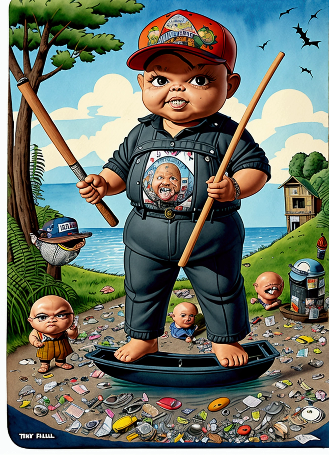 Frank the fisherman catching a big fish , bat in left hand, ((garbage pail kids style)), on a small boat, cartoon, high quality, watercolor, detailed, full body, wide angle