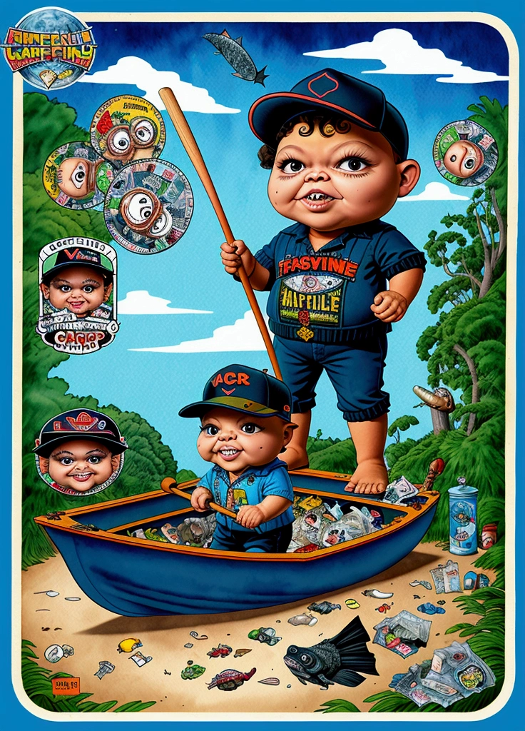 Frank the fisherman catching a big fish , bat in left hand, ((garbage pail kids style)), on a small boat, cartoon, high quality, watercolor, detailed, full body, wide angle