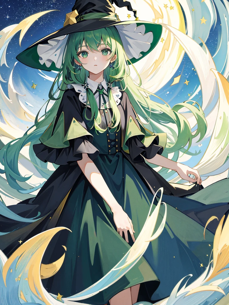 ((masterpiece:1.2, highest quality)), One girl, alone, (Witch Hat), Green Hair, Long Hair, dress, Aurora, night, star (null), Mitt, null, White dress, night days