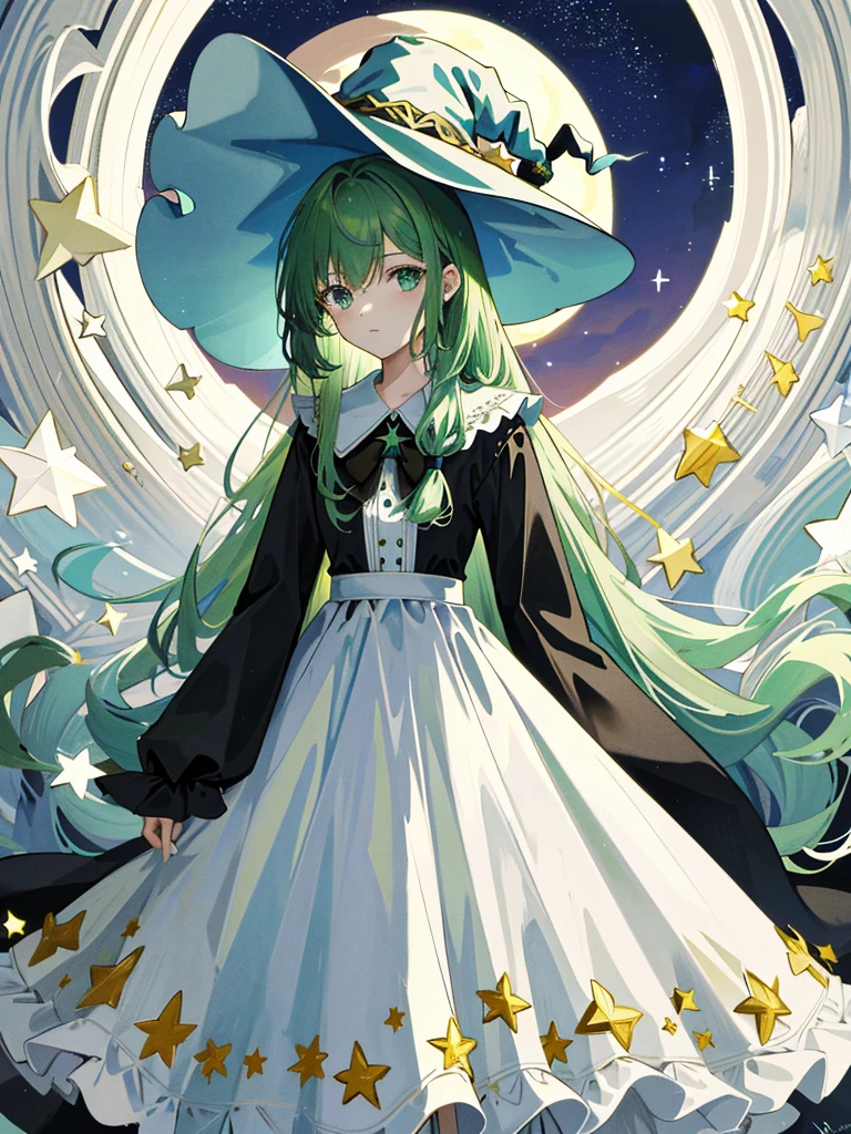 ((masterpiece:1.2, highest quality)), One girl, alone, (Witch Hat), Green Hair, Long Hair, dress, Aurora, night, star (null), Mitt, null, White dress, night days