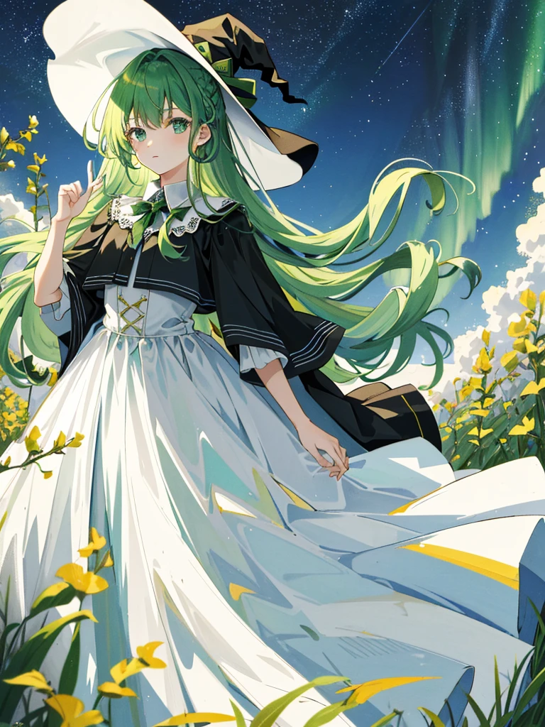 ((masterpiece:1.2, highest quality)), One girl, alone, (Witch Hat), Green Hair, Long Hair, dress, Aurora, night, star (null), Mitt, null, White dress, night days