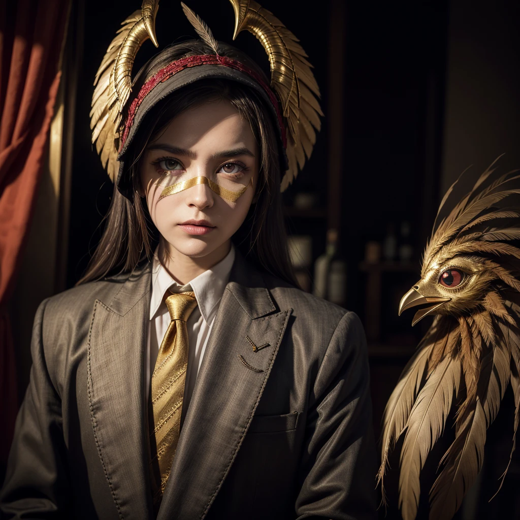 Wearing a mask with a pointed beak, handmade, so well sewn that you can see the ties made in gold, linseed cloth and feathers penetrate its extremities, large eyes with dark lenses with the tone of the night and at the same time red as wine..