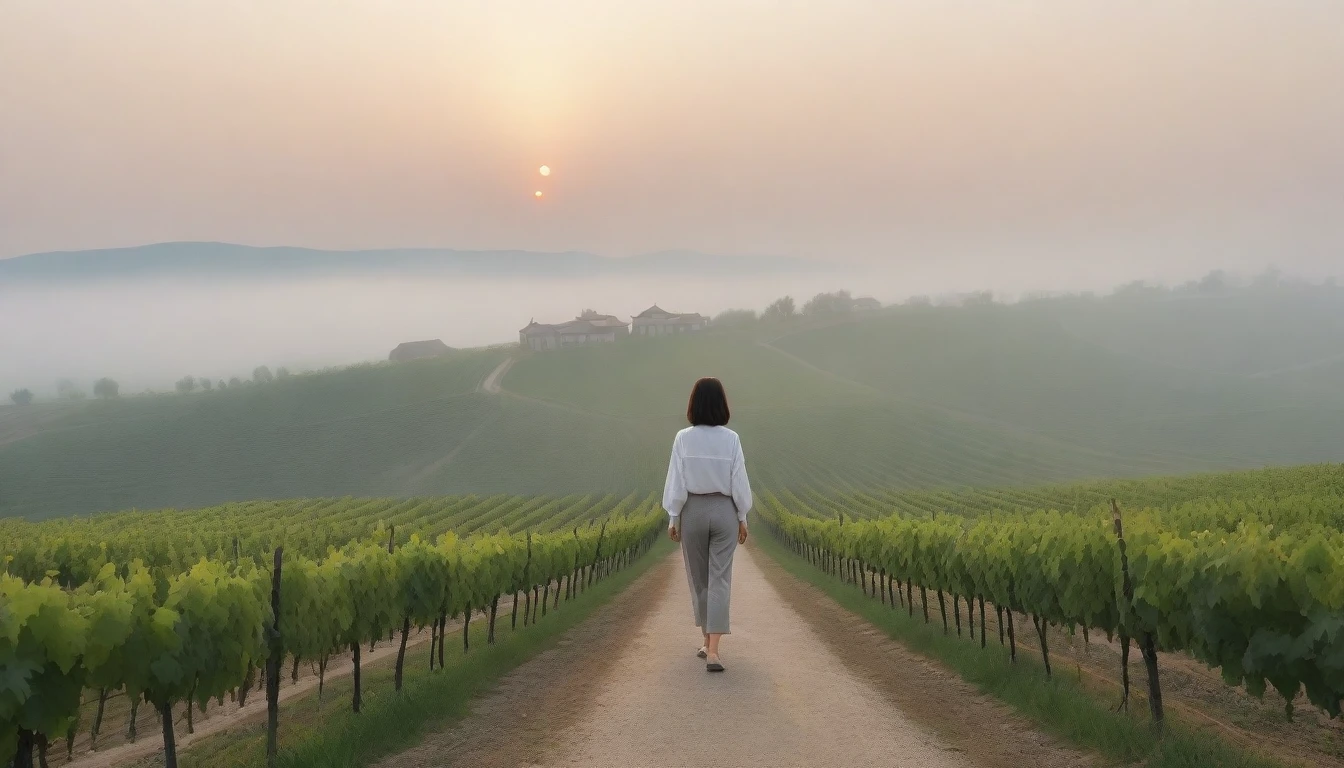 8k realistic, lifelike photo,, 36 year old Korean woman, Short in stature, pretty like a model. White shirt and short cardigan, casual pants, short medium hair, Smiley, Italy. vineyard, thick dawn fog. vineyard 멀리 짙은 안개 속으로 성당이 보인다. 1 woman, Short in stature, Excellent picture quality, The morning fog is thick, The picture quality is alive. 옆면 look up, sunrise red light, A monastery can be seen in the distance, . Smiley, Wide angle lens full body shot, look up, walking from afar, walking on a narrow path