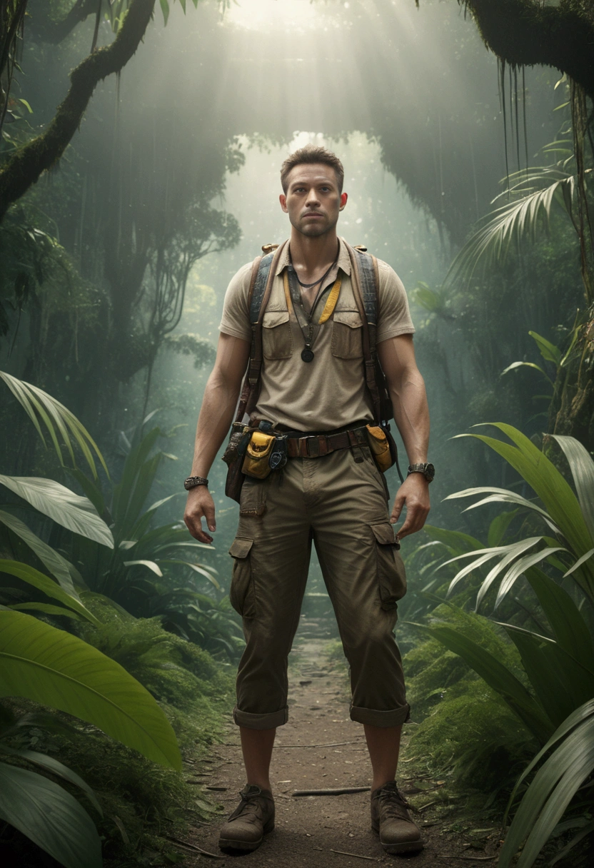 (Jungle Adventurer), in Vibrant Void, juxtaposing vibrant with a sense of emptiness, full body, award-winning, cinematic still, emotional, vignette, dynamic, vivid, (masterpiece, best quality, Professional, perfect composition, very aesthetic, absurdres, ultra-detailed, intricate details:1.3)