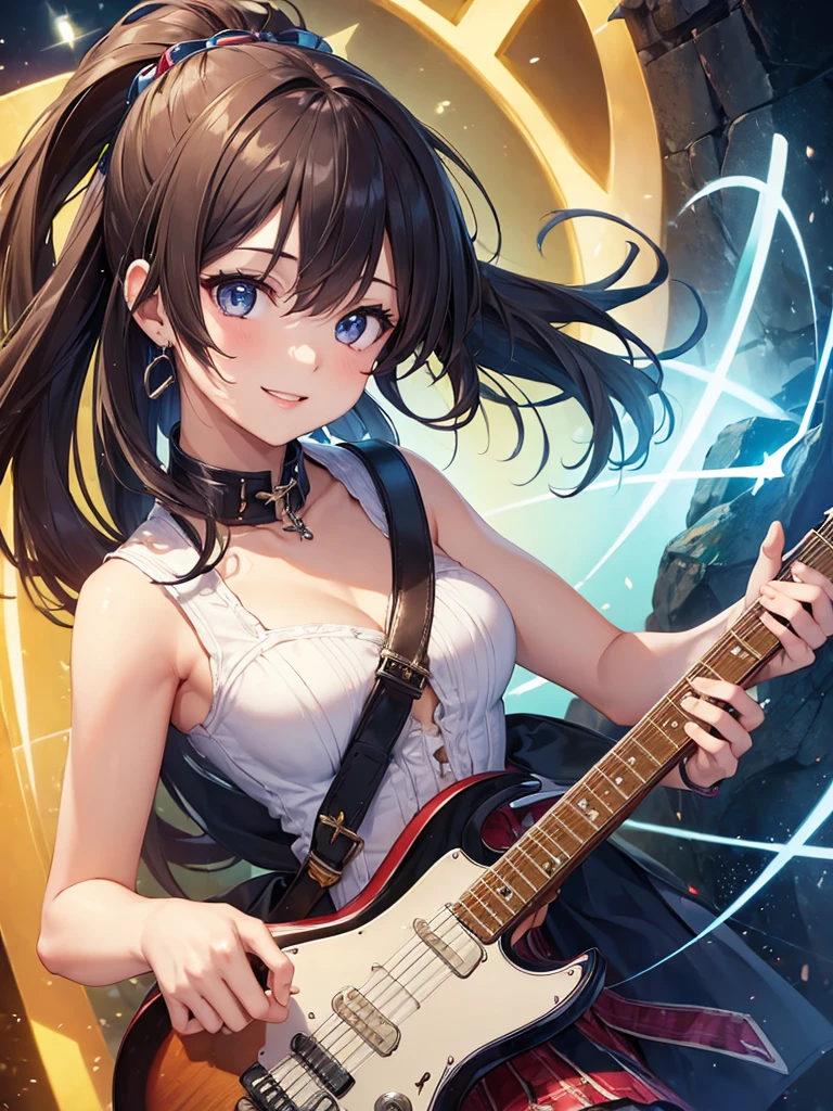 (masterpiece:1.5),(Beat quality),(high res),1girl solo,beautiful face,smile(shining eyes),upper body,light effects,Rock Women,Electric guitar
