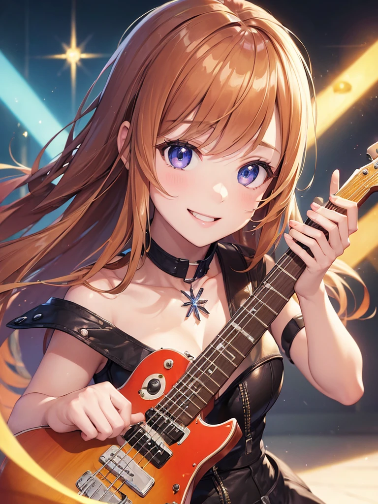 (masterpiece:1.5),(Beat quality),(high res),1girl solo,beautiful face,smile(shining eyes),upper body,light effects,Rock Women,Electric guitar