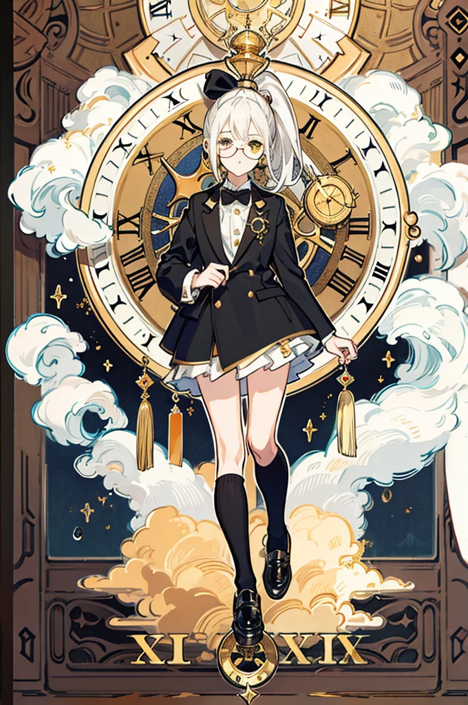 ((best quality)), ((masterpiece)), (detailed), whole body,1 Girl,White hair,Loli,Golden Eyes,Tuxedo,Monocle,leather shoes,Gold Roman numeral clock,magic,Black knee socks,High Ponytail、indifferent