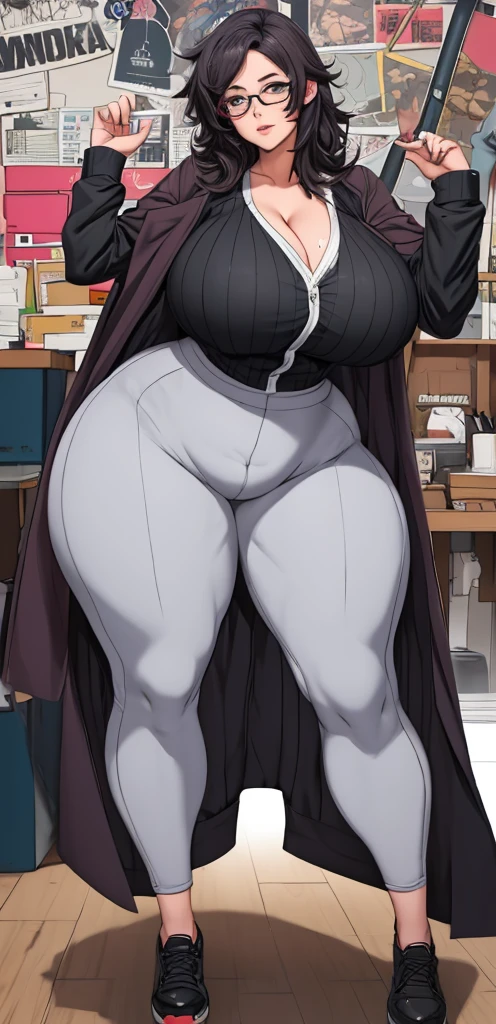 Nerdy woman, thick glasses, messy hair, gigantic breast, extremely wide hips, baggy clothes