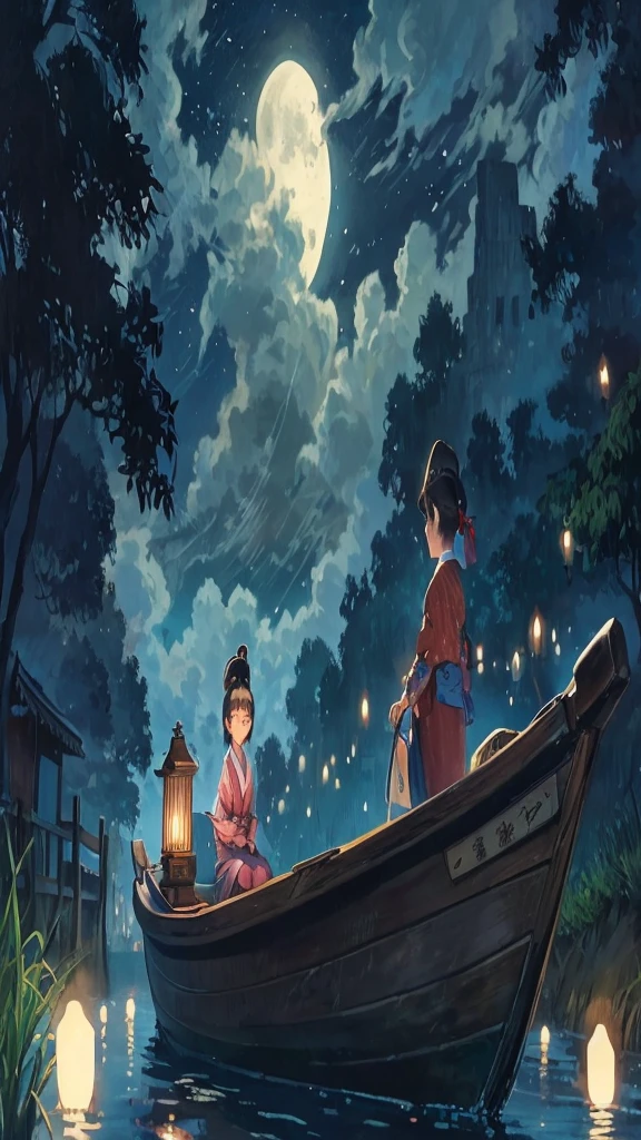 A ghibli style picture of a 3-year-old kimono girl sitting on an old wooden boat with a lantern hanging, Grandfather rowing a boat, watching fireflies in the canal at night, moonlight filtering through the clouds, soft moon light, in the canal starting from, 240k scenery style Japan