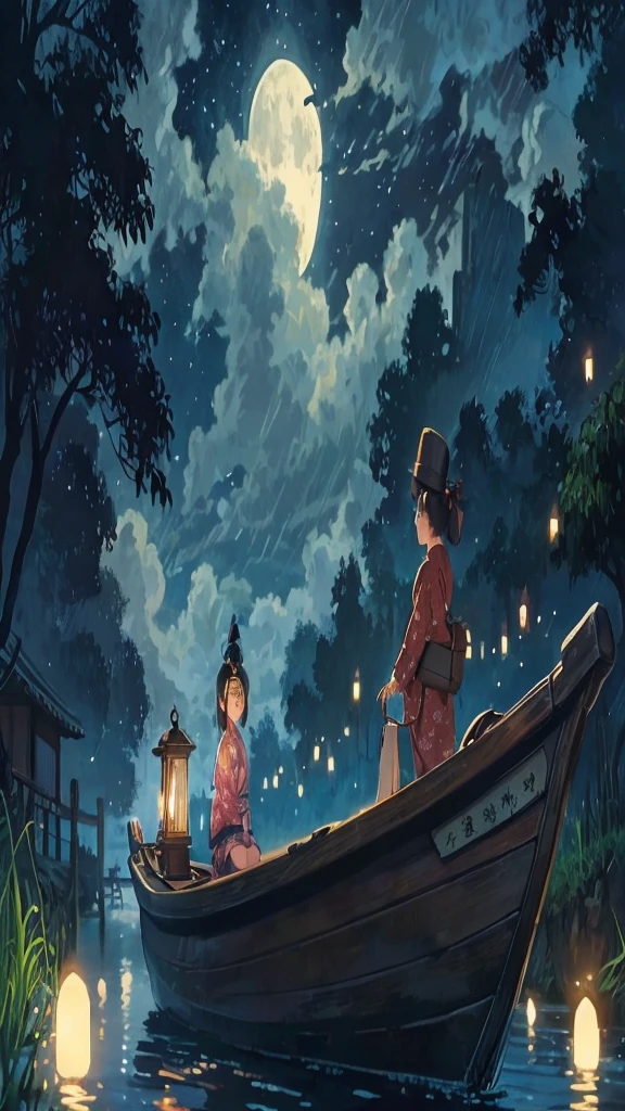 A ghibli style picture of a 3-year-old kimono girl sitting on an old wooden boat with a lantern hanging, Grandfather rowing a boat, watching fireflies in the canal at night, moonlight filtering through the clouds, soft moon light, in the canal starting from, 240k scenery style Japan