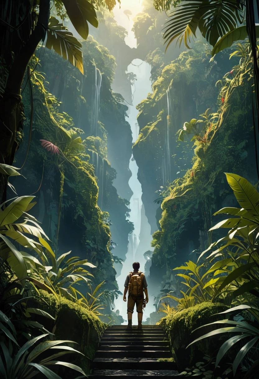 (Jungle Adventurer), in Vibrant Void, juxtaposing vibrant with a sense of emptiness, full body, award-winning, cinematic still, emotional, vignette, dynamic, vivid, (masterpiece, best quality, Professional, perfect composition, very aesthetic, absurdres, ultra-detailed, intricate details:1.3)