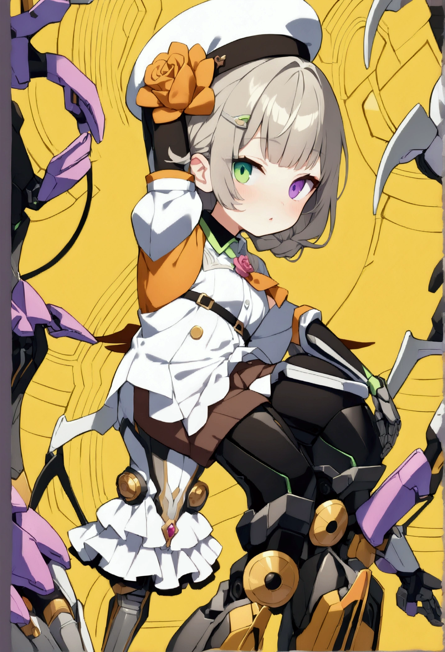 woman 165cm tall, slim build, , charming look, ((heterocromia: look like, right naranja y look like izquierdo violeta)), (Shoulder Length Wavy Gray Hair, a short braid on the left side of the hair, big open bangs, golden gear hairpin on the left side of the hair), (((complex mechanical legs up to the hip, The legs are black with gray parts with small pink details))), (((complex mechanical arms up to the elbows, The arms are black with gray parts with small pink details))), ((complex white mechanical wings with pastel green parts)), (elegant black French beret with an orange rose ribbon), (stylish white short sleeve button down shirt, dark brown shorts from the waist, elegant black belt, small rose brooch on shirt collar, beautiful mechanical stilettos), (((character design sheet: Front view))), ((Pastel yellow background)), extremely detailed beautiful hair, beautiful detailed clothing, extremely detailed arms, extremely detailed face, (Extremely detailed hands), perfect hands, small face, hermosos look likes detallados, beautiful detailed lips, adorable, extremely detailed legs, (Best Quality, 8k, ultra resolution), ultra detailed, Exquisite and epic character art, (Focus on symmetry), (extremely detailed wings), (body position: standing, right, symmetrical), looking at the viewer, (whole body).