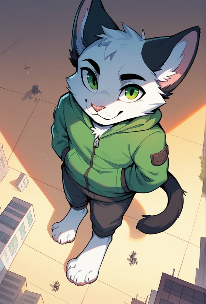 anthro, cat, white fur, green eyes, green jacket, big black ears, black tail tip, furry, looking down, Viewers look at, Viewer looks up, smiling, above standing, Macro, Fußfocus, alone, good lighting, Focus on feet, raised foot, Focus on the bottom of the foot, fluffy, furry paws, Paw pads, schwarze Paw pads, stomp something, adult