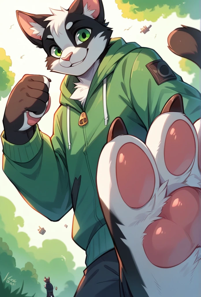 anthro, cat, white fur, green eyes, green jacket, big black ears, black tail tip, furry, looking down, Viewers look at, Viewer looks up, smiling, above standing, Macro, Fußfocus, alone, good lighting, Focus on feet, raised foot, Focus on the bottom of the foot, fluffy, furry paws, Paw pads, schwarze Paw pads, stomp something, adult