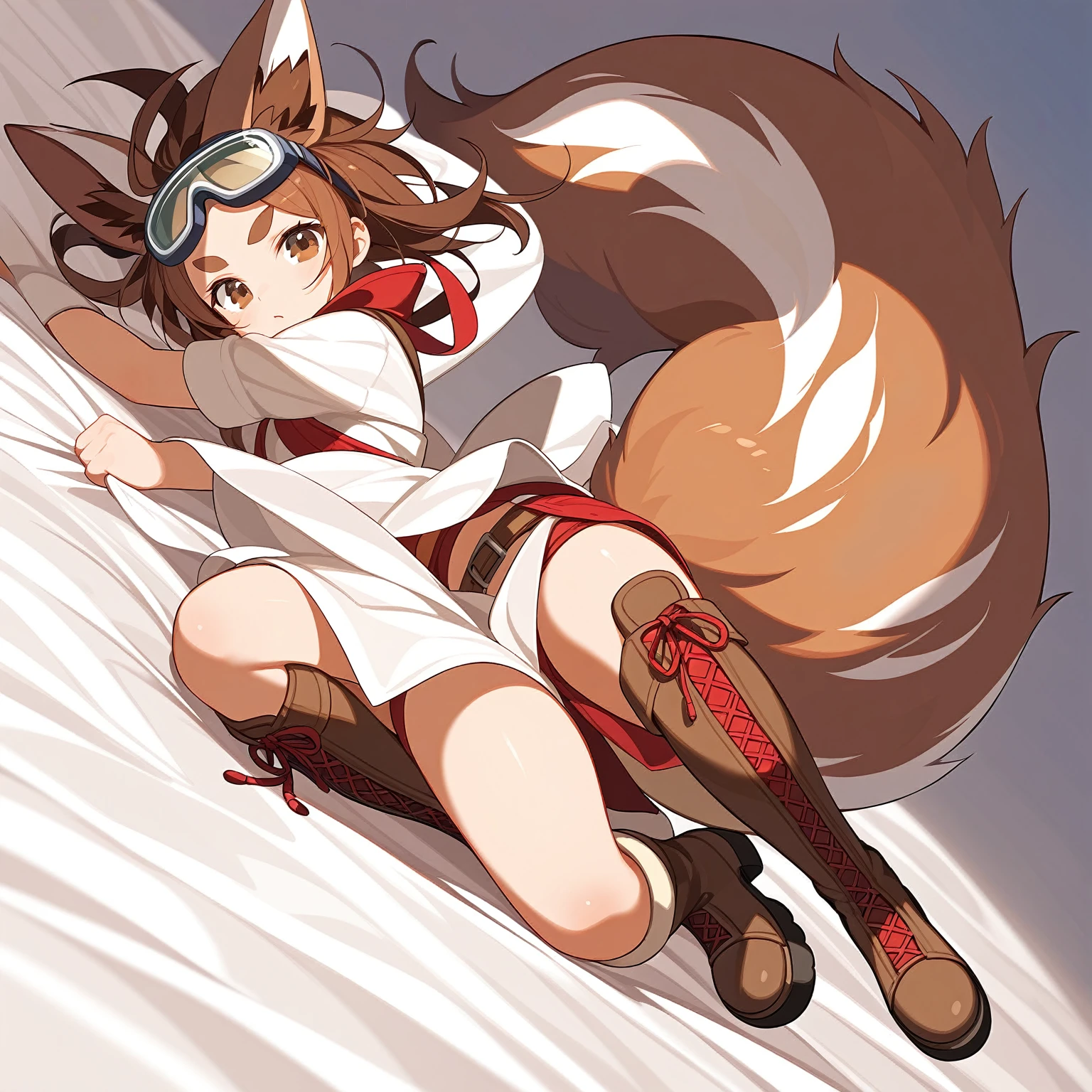 Highest quality, Ultra-detailed CG Unity 8k Wallpaper, Beautiful detailechanic、、Edo-kko、Helmet、big goggles、Boots、Winning spirit、Bad mood、Video game character design、whole body、Front view、whole body画、Character Sheet、Mr.々A pose、Game setting materials、Character setting materials、Big Tail、Brown Hair、Round eyebrows、Character portrait、Bad look in the eyes、whole bodyが見えるポーズ、upright