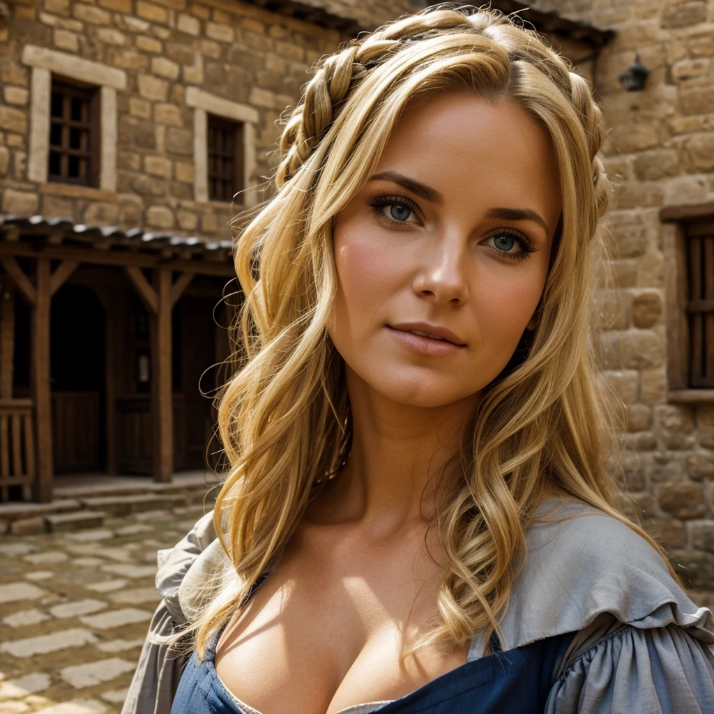 Tavern wench, busty, blonde, medieval village, outside, ((close up)), ((face and bust)), 
