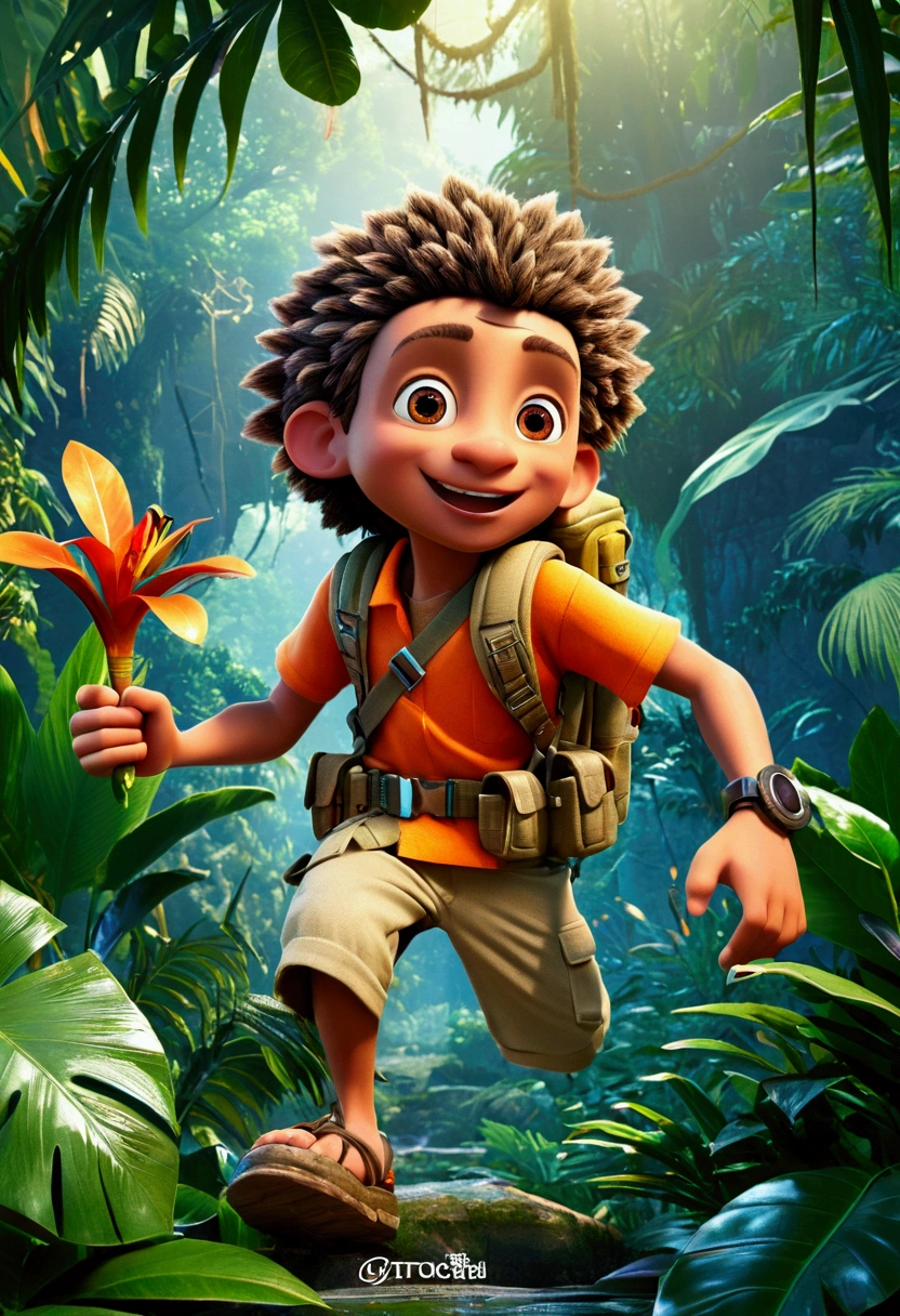 (Jungle Adventurer), in the style of playful cartoon illustration, realistic and hyper-detailed rendering, interactive media, realistic, detailed rendering, joyful chaos, full body, award-winning, cinematic still, emotional, vignette, dynamic, vivid, (masterpiece, best quality, Professional, perfect composition, very aesthetic, absurdres, ultra-detailed, intricate details:1.3)