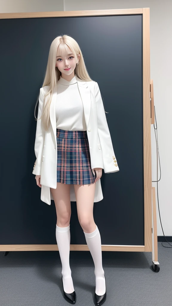 Sexy big 、The ultimate beautiful girl at 20 years old、very beautiful face、Long bangs that extend to the eyes, nose and mouth、The most beautiful platinum blonde hair in the world、Super long straight hair、Glowing big beautiful light blue eyes、White and beautiful shiny skin、lightsmile, she's wearing a  and a tartan plaid skirt white socks and high heeled shoes standing near the chalkboard