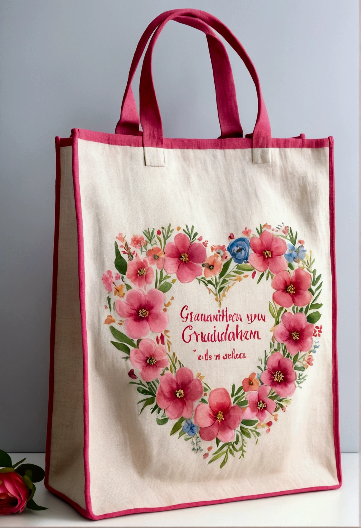 bag made of linen, has a heart-shaped, floral frame, Delicate watercolor flowers in vibrant pink and pink tones, Engaging illustrations. ("grandmother, you are very special, It is like you, there is no equal! Memento, of your beloved grandchildren" text:1.6, Portuguese).