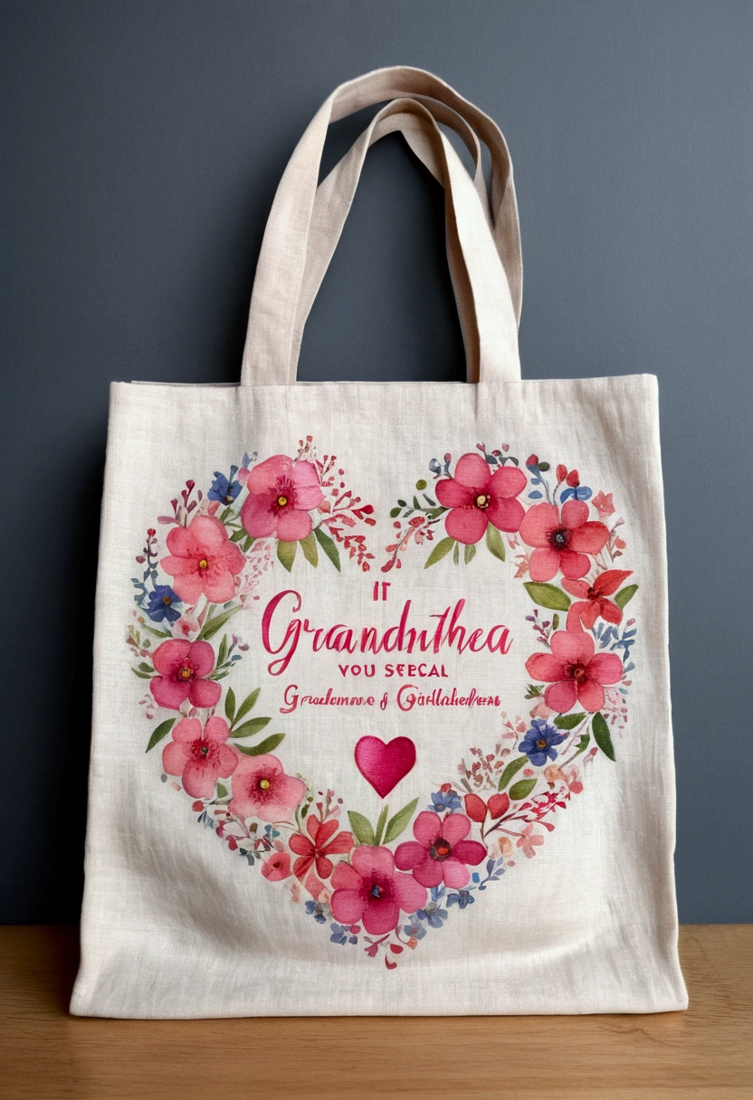 bag made of linen, has a heart-shaped, floral frame, Delicate watercolor flowers in vibrant pink and pink tones, Engaging illustrations. ("grandmother, you are very special, It is like you, there is no equal! Memento, of your beloved grandchildren" text:1.6, Portuguese).