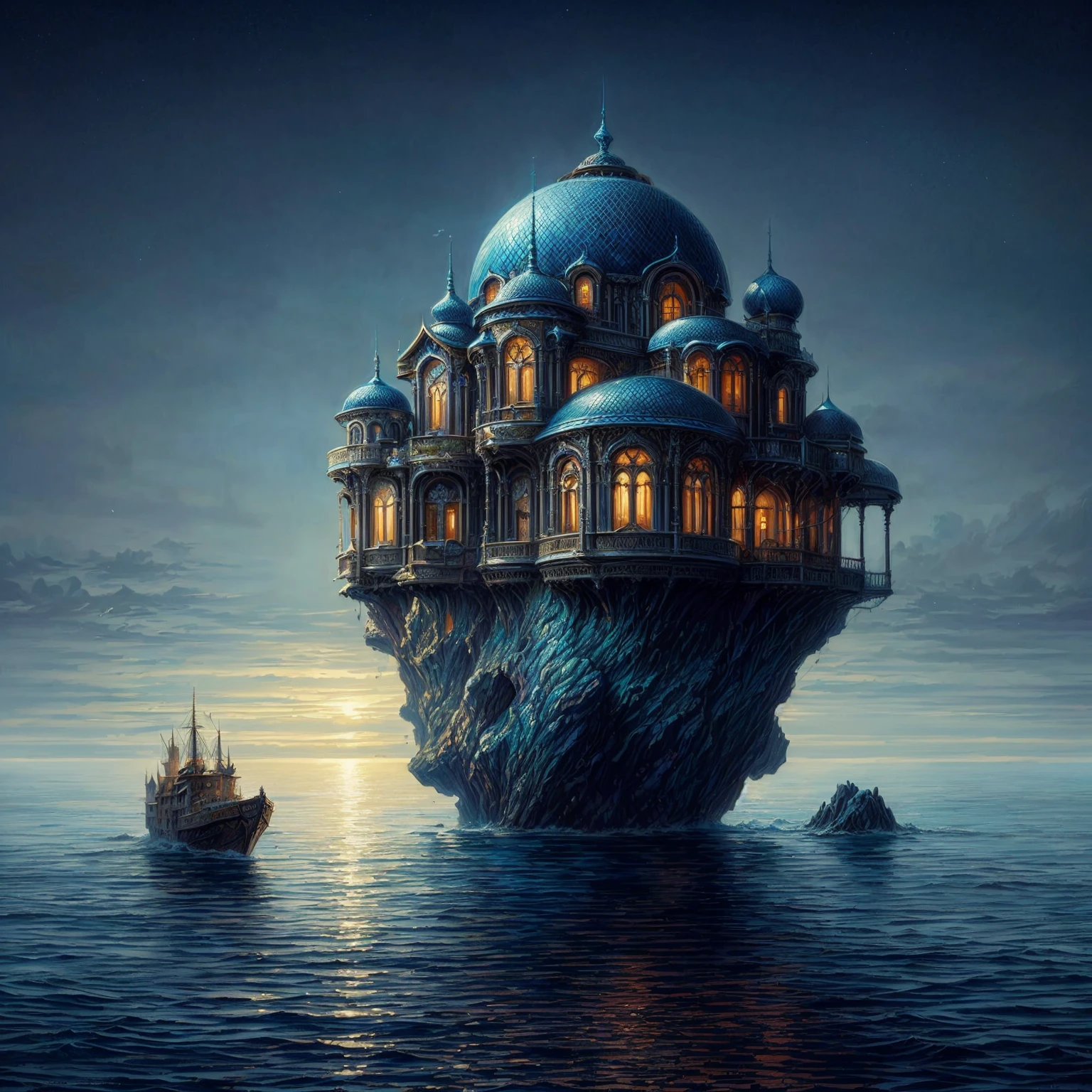 arafed house floating in the ocean with a boat in the water, floating palace, fantasy house, by Alexander Kucharsky, fantasy surrealism, an immense floating castle, sylvain sarrailh and igor morski, by Johfra Bosschart, fantasy architecture, beautiful detailed fantasy, floating island, michael whelan art, surreal and fantasy art, inspired by Michael Whelan