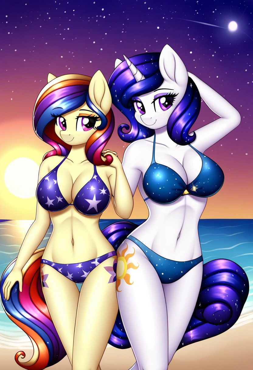 My little pony, anthro, white body, purple eyes, space hair pattern, space patterned erotic bikini, beach, big breasts, wet body, seduce pose, sun shafts, RTX, beautiful quality, summer memories, perfect summer day, day, sun