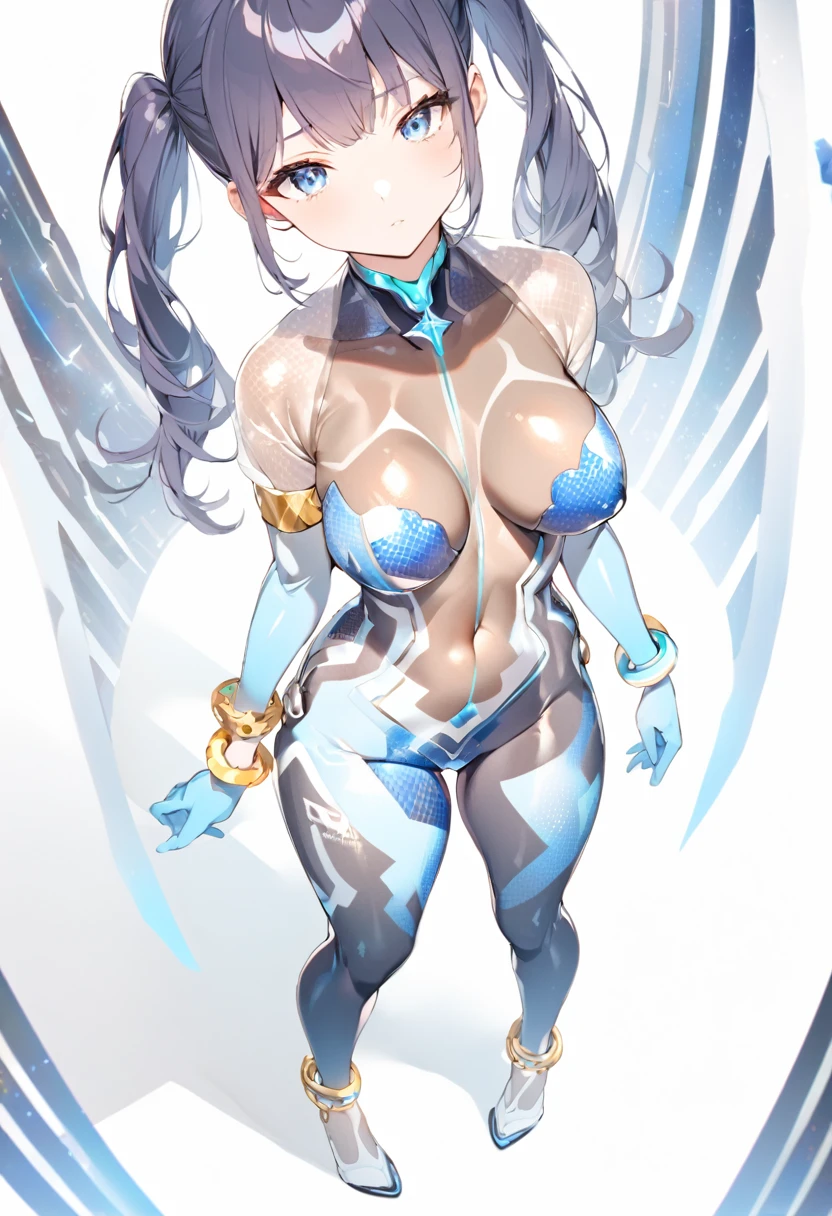 Blue Star,Twin tails,Top view,Standing on a white floor,Blue light pattern,See-through bodysuit,A bodysuit with an open chest and exposed skin,Shiny bodysuit,sexy,Large bracelet,Big anklet,Accessories that dig into your thighs
