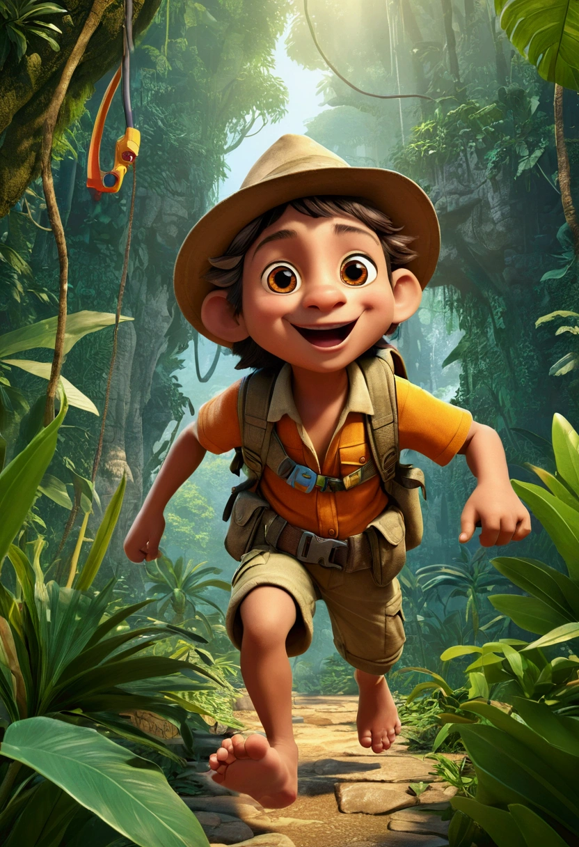 (Jungle Adventurer), in the style of playful cartoon illustration, realistic and hyper-detailed rendering, interactive media, realistic, detailed rendering, joyful chaos, full body, award-winning, cinematic still, emotional, vignette, dynamic, vivid, (masterpiece, best quality, Professional, perfect composition, very aesthetic, absurdres, ultra-detailed, intricate details:1.3)