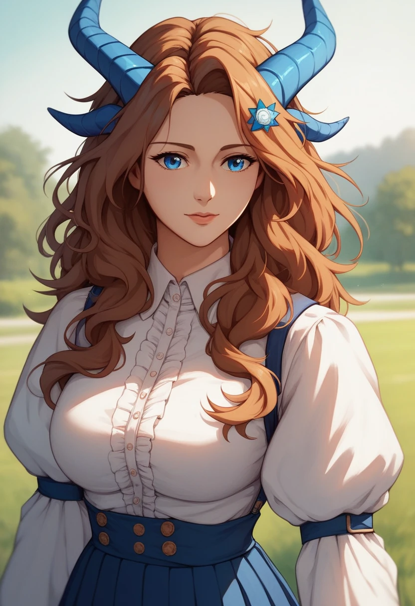 (masterpiece, best quality:1.2)((brown hair))((blue eyes)),solo,1girl,((eyes tilted outwards)), ((close up photo)), (medium breasts), mature_female, blue_dragon_horns,averting_eyes,blue_dragon_tail,hair_between_eyes,basic_blue_hairpin,long_hair, messy_hair, casual_clothing, puffy_sleeves, wide_sleeves, girly_clothes, pleated_skirt